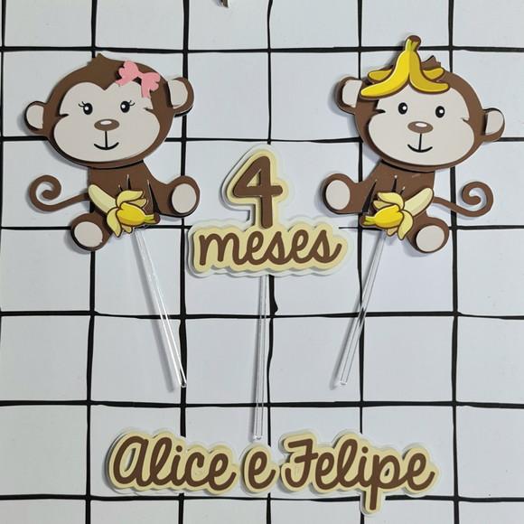 Topo De Bolo Personalizado Macaquinhos Gêmeos