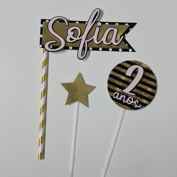 Topo de Bolo Dourado Preto e Rosa para Festa Paris