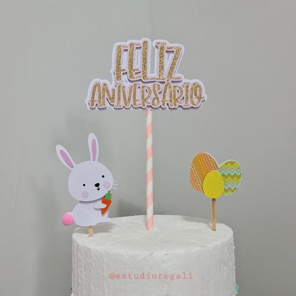Topo de Bolo em Papel Feliz Aniversário na Páscoa