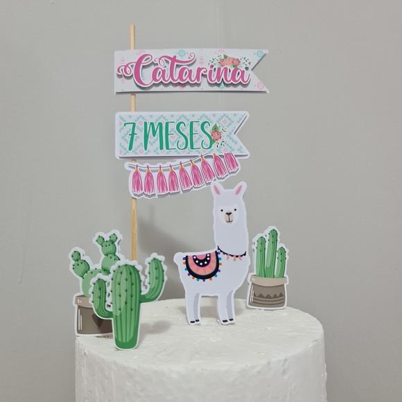 Topo de Bolo para Mesversário do bebê Lhama e Cactos