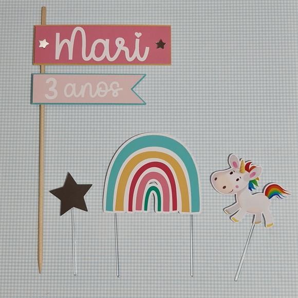 Topo de Bolo para Aniversário Infantil Unicórnio e Arco-íris