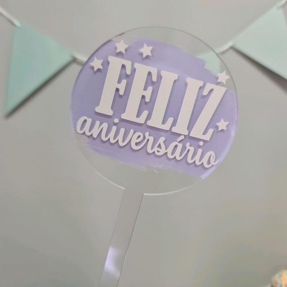Topo de Bolo em Acrílico Transparente Feliz Aniversário