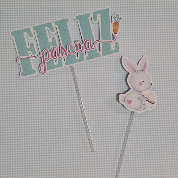 Topo de Bolo Feliz Páscoa com Coelhinho Aquarelado