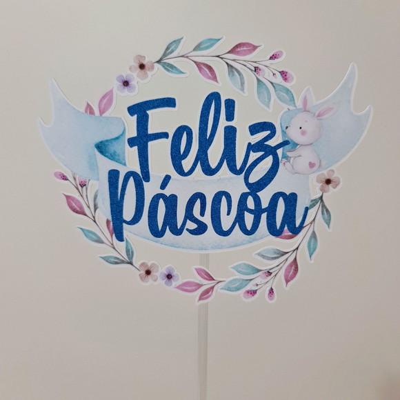 Topo de Bolo Feliz Páscoa com Coelhinho Aquarelado