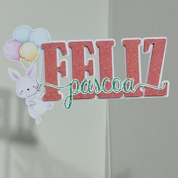 Topo de Bolo Feliz Páscoa com Coelhinho Aquarelado e Balões
