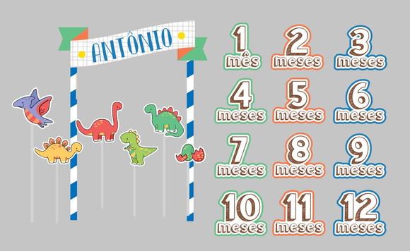 Kit Topos de Bolo Mesversário Bebê Personalizado Dinossauro