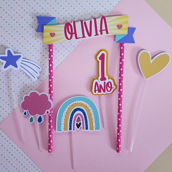 Topo de Bolo para Mesversário do bebê Menina arco-íris