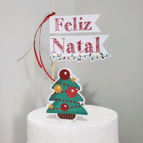 Topo de Bolo ou Panetone com Árvore e Feliz Natal