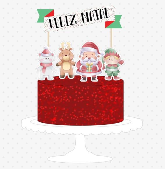 Topo de Bolo ou Panetone com Papai Noel e Feliz Natal Cute