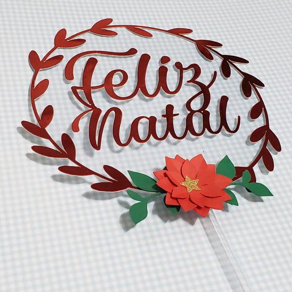 Topo de Bolo Flutuante Circular Metálico Feliz Natal