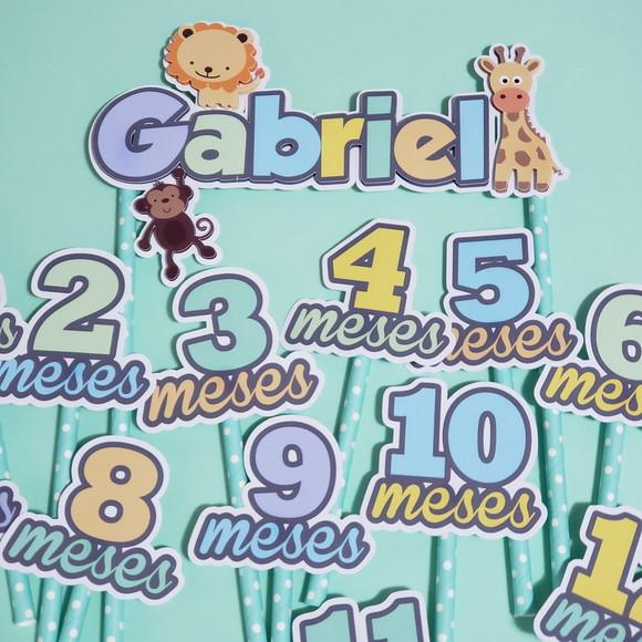 Kit Topos de Bolo Mesversário Bebê Personalizado Safari