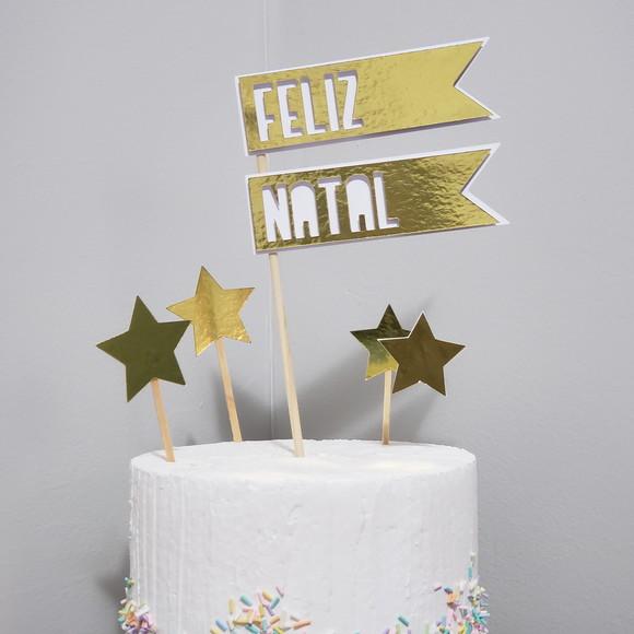 Topo de Bolo em Scrap com Estrelas Douradas Feliz Natal