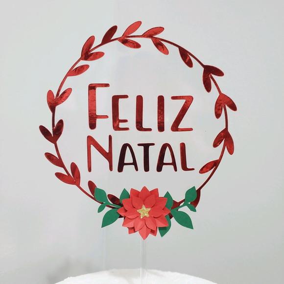 Topo de Bolo Flutuante Circular Metálico Feliz Natal
