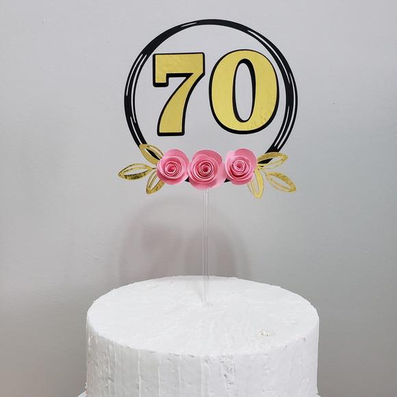 Topo de Bolo Flutuante Circular Metálico com Flores em Papel