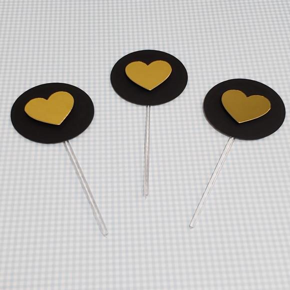 10 Toppers para Docinhos Coração Dourado e Preto