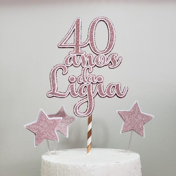 Topo de Bolo em Papel Rosé Glitter para Festa de 40 anos