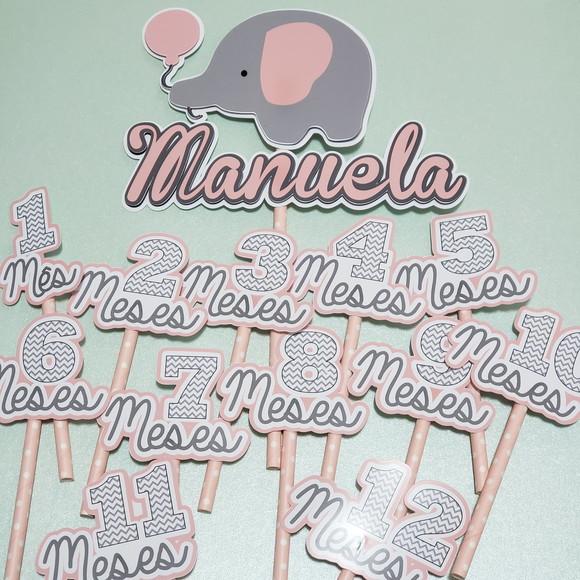 Kit Topos de Bolo Mesversário Bebê Personalizado Elefantinho