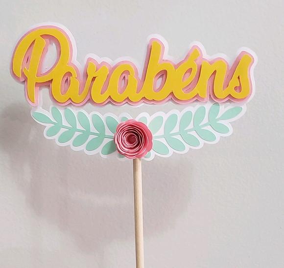 Topo de Bolo em Camadas de Papel Parabéns com Flor 3d