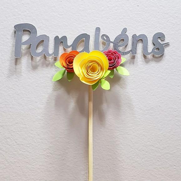 Topo de Bolo em Papel Metálico Parabéns com Flores scrap