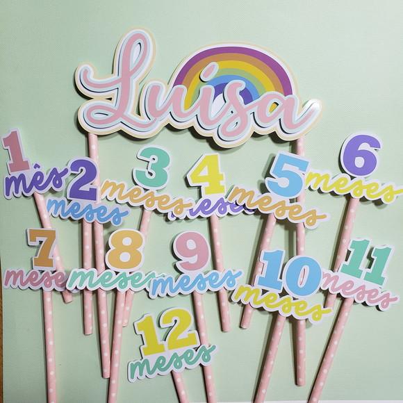 Kit Topos de Bolo Mesversário Bebê Personalizado Arco-íris