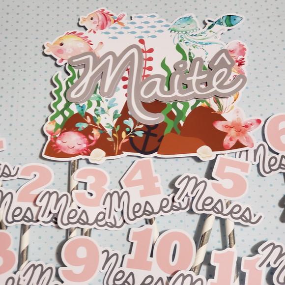 Kit Topos de Bolo Mesversário Bebê Personalizado Fundo Mar