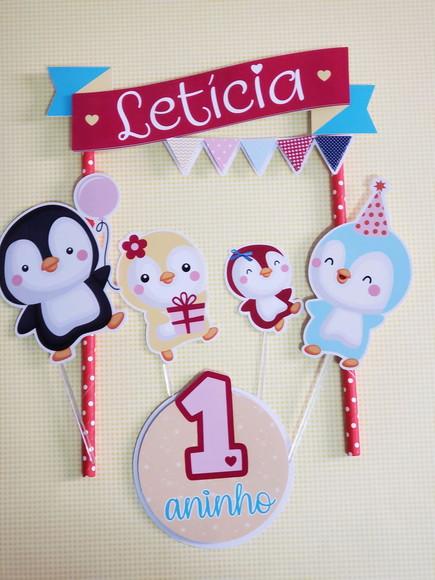 Topo de Bolo para Mesversário ou Aniversário Tema Pinguim