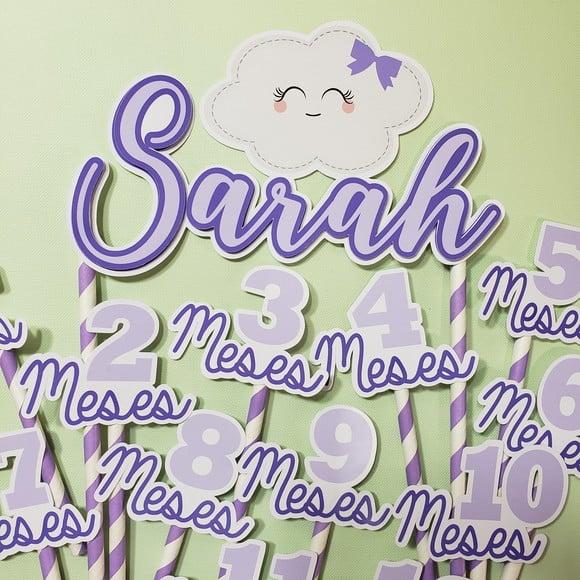 Kit Topos de Bolo Mesversário Bebê Personalizado Nuvem Lilás