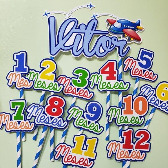 Kit Topos de Bolo Mesversário Bebê Personalizado Aviãozinho