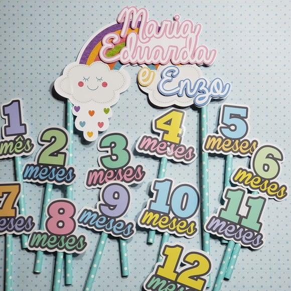 Kit Topos de Bolo Mesversário Bebê Personalizado Chuva Amor