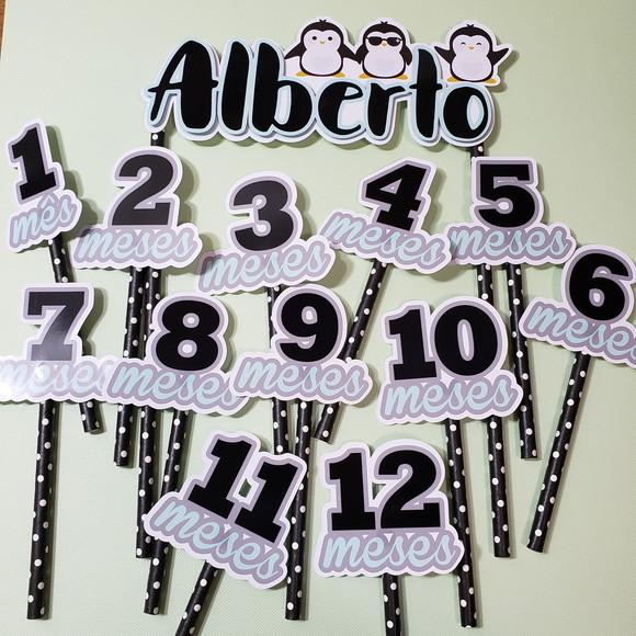 Kit Topos de Bolo Mesversário Bebê Personalizado Pinguins