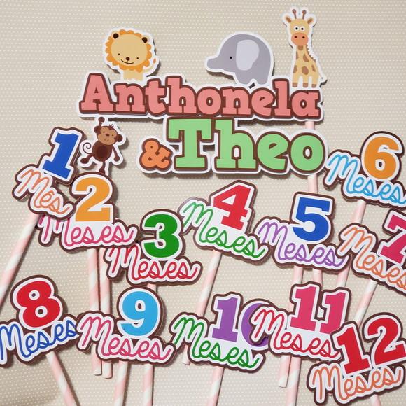 Kit Topos de Bolo Mesversário Gêmeos Personalizado Safari