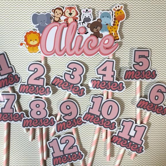 Kit Topos de Bolo Mesversário Bebê Personalizado Safari