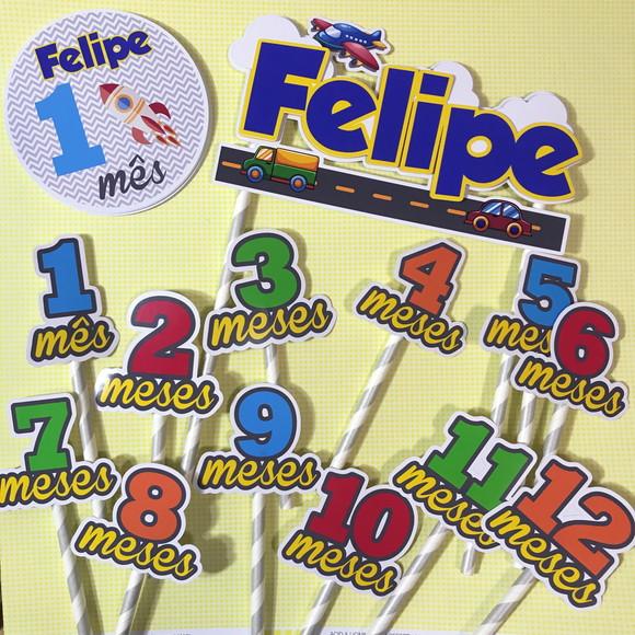 Kit Completo Mesversário Bebê com Topos de Bolo e Adesivos