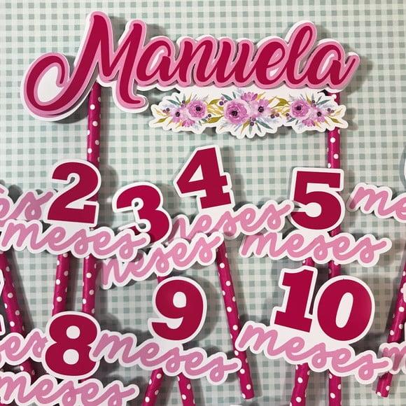 Kit Topos de Bolo Mesversário Bebê Personalizado Flores