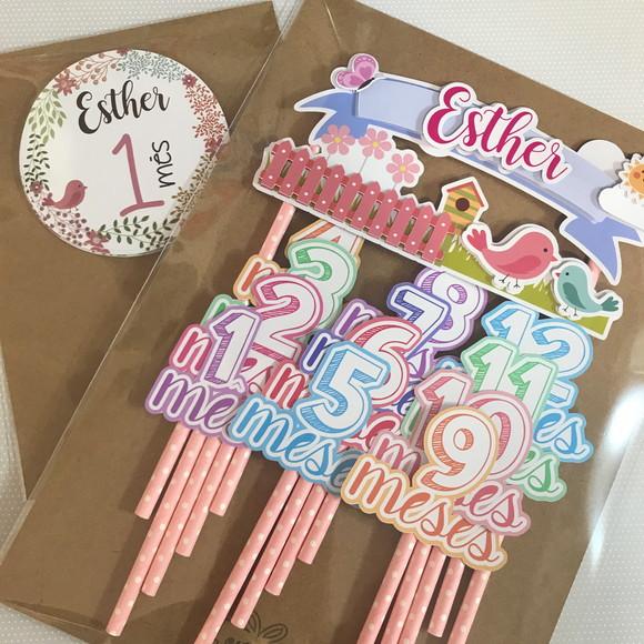 Kit Completo Mesversário Bebê com Topos de Bolo e Adesivos