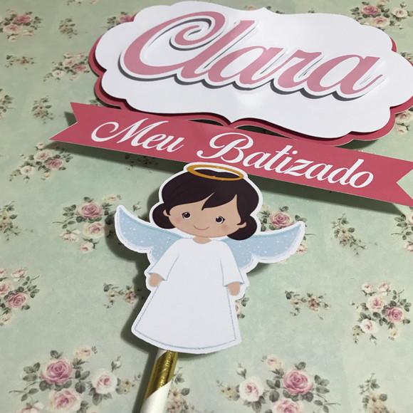 Topo de Bolo em Camadas de Papel Batizado Menina Anjinho