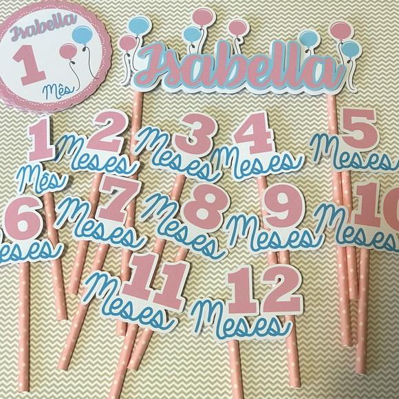 Kit Completo Mesversário Bebê com Topos de Bolo e Adesivos