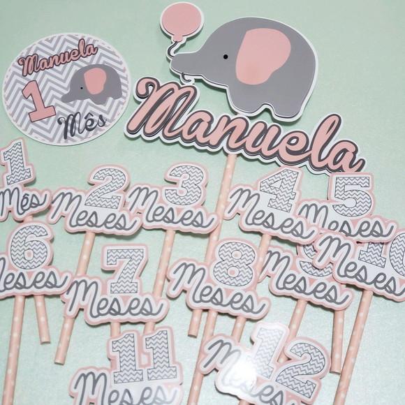 Kit Completo Mesversário Bebê com Topos de Bolo e Adesivos