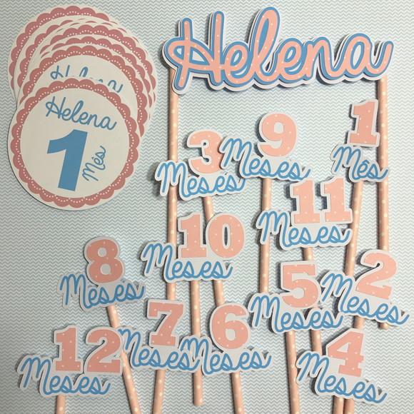 Kit Completo Mesversário Bebê com Topos de Bolo e Adesivos