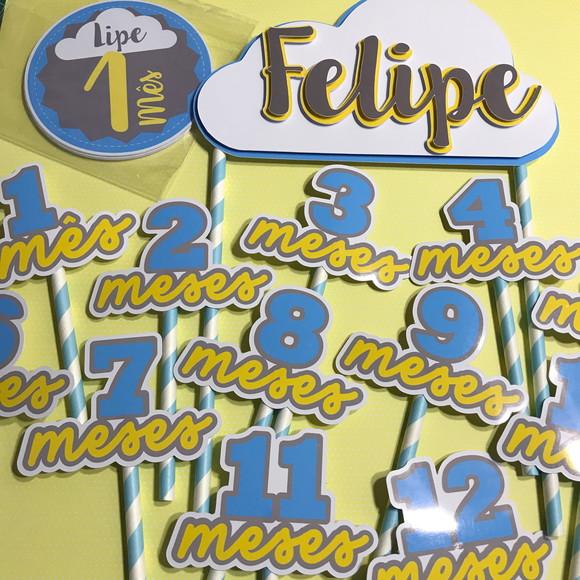 Kit Completo Mesversário Bebê com Topos de Bolo e Adesivos