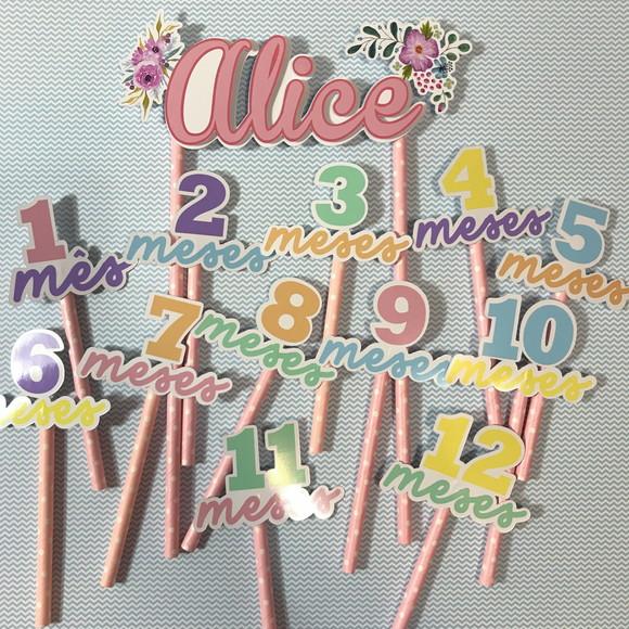 Kit Topos de Bolo Mesversário Bebê Personalizado Flores