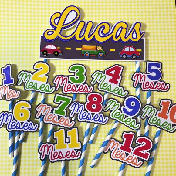 Kit Topos de Bolo Mesversário Bebê Personalizado Carrinhos