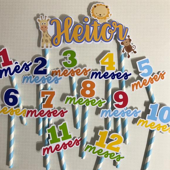 Kit Topos de Bolo Mesversário Bebê Personalizado Safari