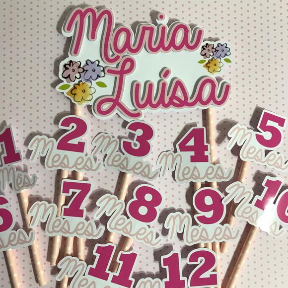 Kit Topos de Bolo Mesversário Bebê Personalizado Flores