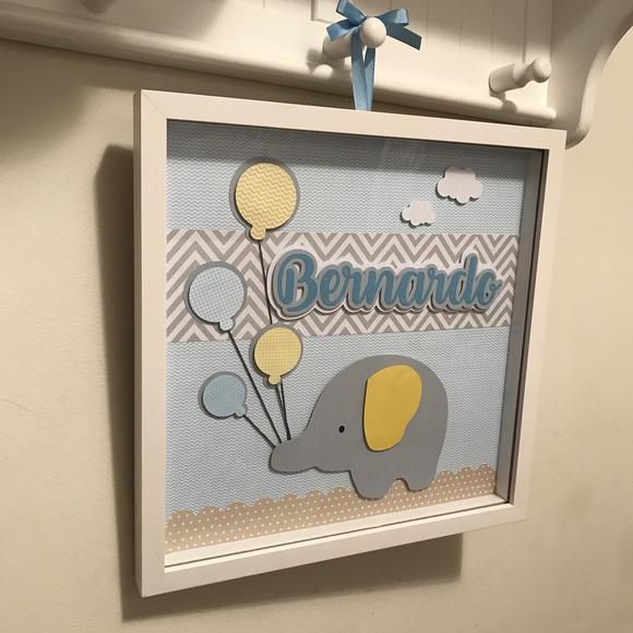 Quadro Porta Maternidade Elefante Azul e Amarelo (20x20cm)