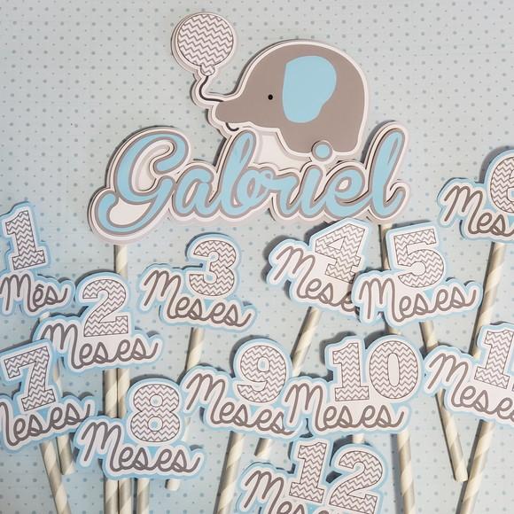 Kit Topos de Bolo Mesversário Bebê Personalizado Elefantinho