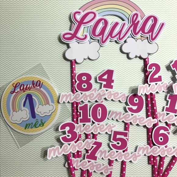 Kit Completo Mesversário Bebê com Topos de Bolo e Adesivos