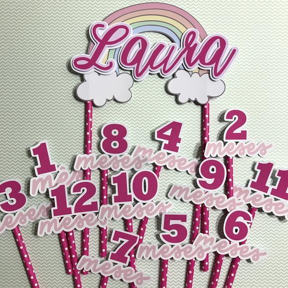 Kit Topos de Bolo Mesversário Bebê Personalizado Arco-íris