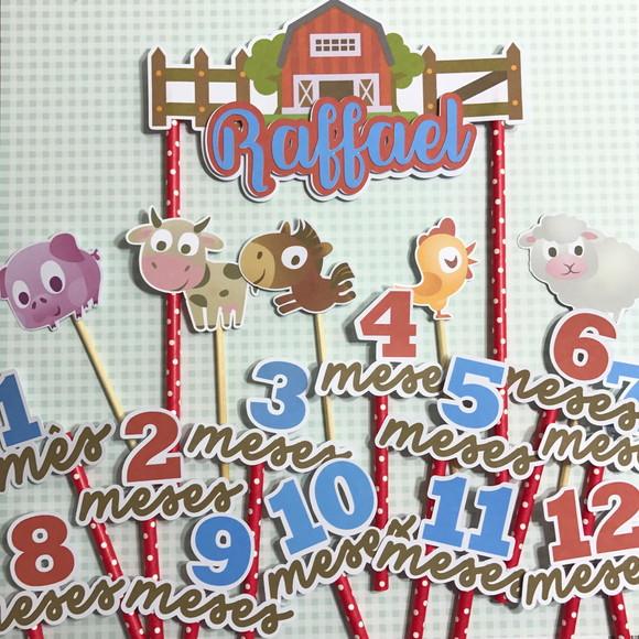 Kit Topos de Bolo Mesversário Bebê Personalizado Fazendinha
