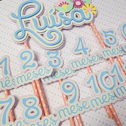 Kit Topos de Bolo Mesversário Bebê Personalizado Flores